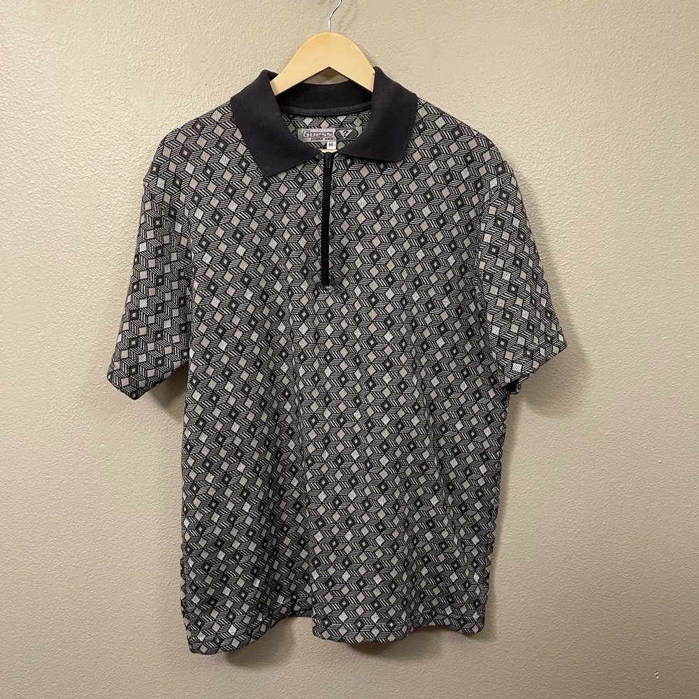 VTG Guess Men's Knit Polo Sweater Quarter Zip Geometrical Pattern Retro Sz M EUC